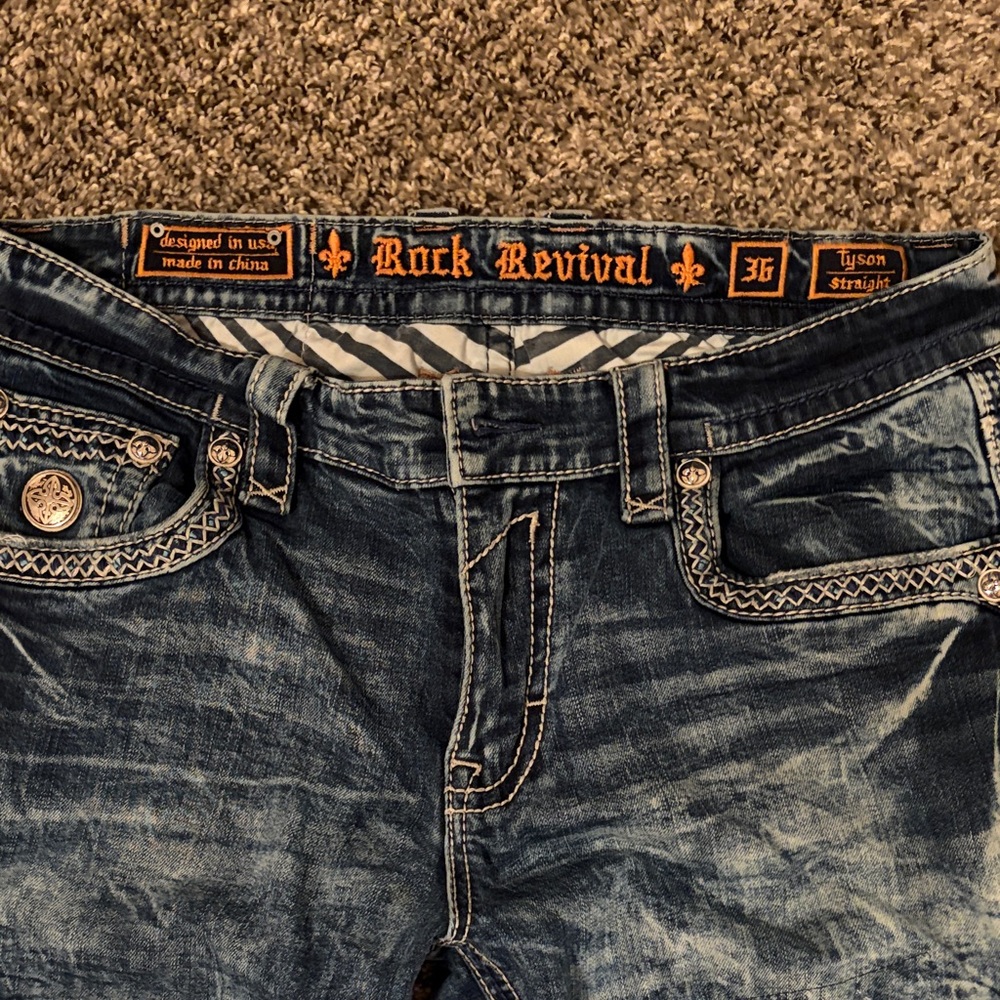 Rock Revival Men’s Slim Straight Jeans in Washed Blue with Orange Trim